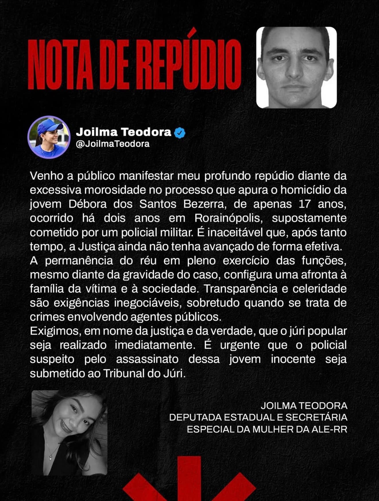 Deputada de Roraima recebe comentário com tom de ameaça após cobrar julgamento de caso de feminicídio